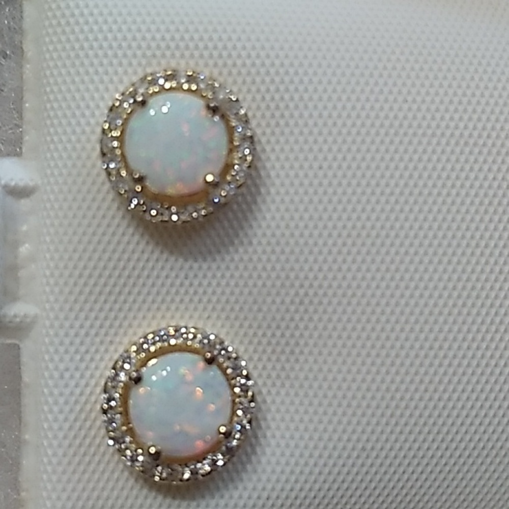 Gold Plated/Sterling Lab White Opal And Clear Cz Earrings - Picture 2 of 3